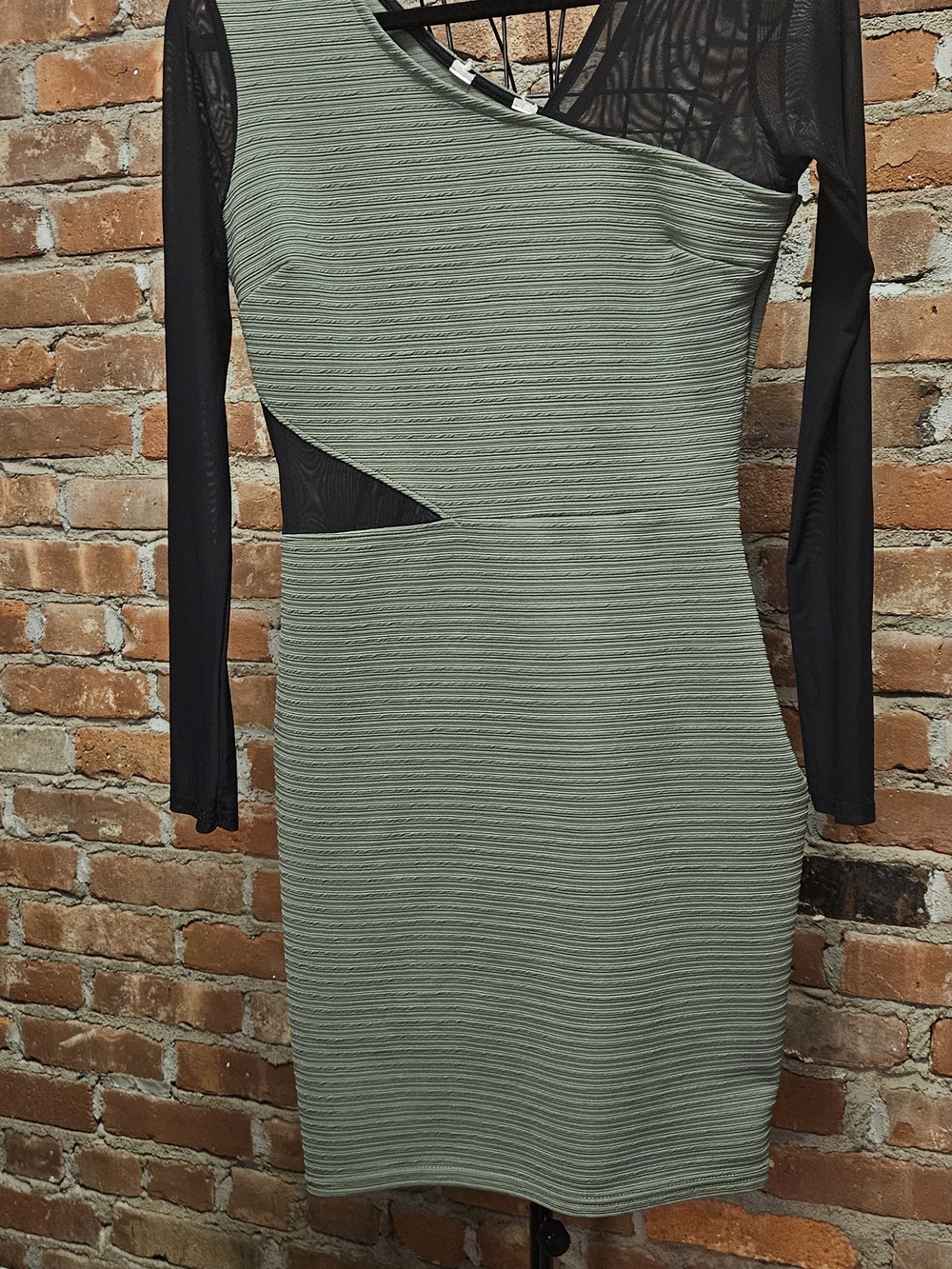 Miss Selfridge From UK Olive Green Ribbed Bodycon Dress with Black Mesh Sleeves